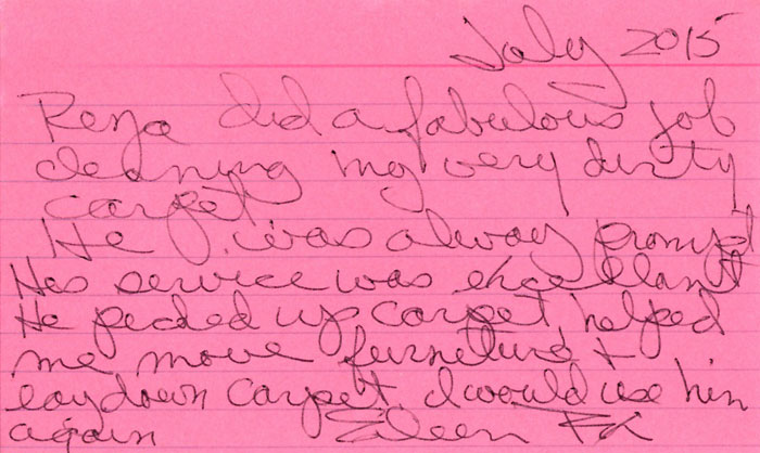 Scanned customer review of Reza's rug repair work