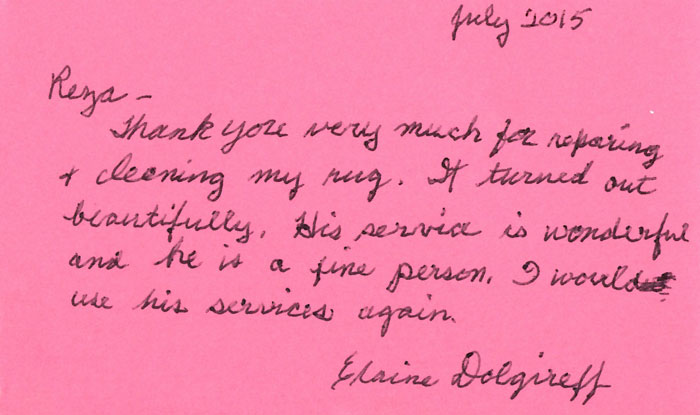 Scanned customer thank-you letter for rug repair
