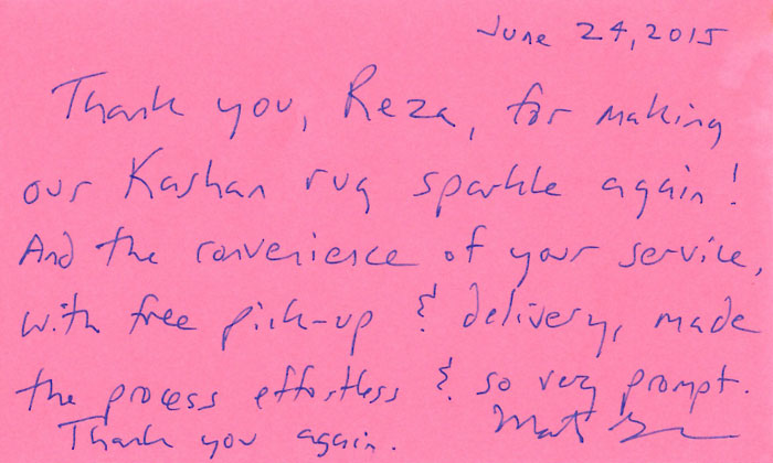Scanned customer comment about Reza Jafari's work